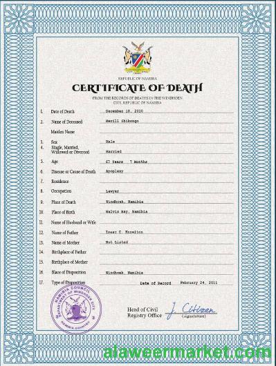 Namibia vital record death certificate PSD template